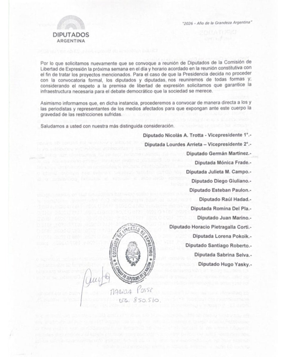 CONVOCATORIA URGENTE DE LA COMISION DE LIBERTAD DE EXPRESION DE LA HCDN

Ante la falta de convocatoria de la Comisión de Libertad de Expresión y los reiterados pedidos realizados al presidente Guillermo Montenegro para su urgente funcionamiento con diversos expedientes que