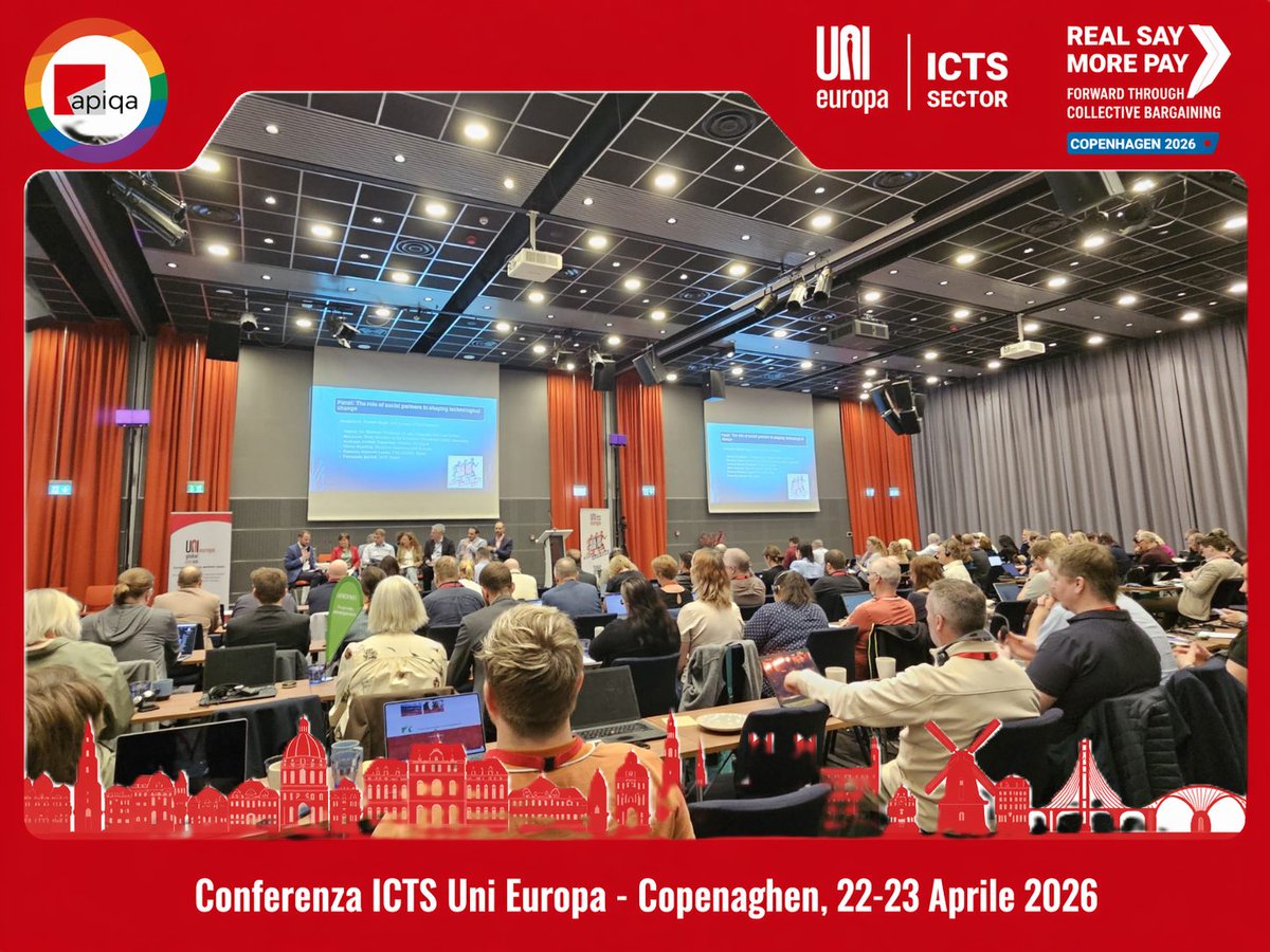 ApiqaCgil's tweet image. 🟥 Si chiude a Copenhagen la Conferenza ICTS di @UNI_Europa
Due giorni di confronto su lavoro, tecnologia e democrazia insieme a #Filcams e @SlcCgil.
Le tecnologie amplificano potere e controllo.
Servono diritti, contrattazione e voce collettiva.
#realsaymorepay #ICTS #lavoro #AI