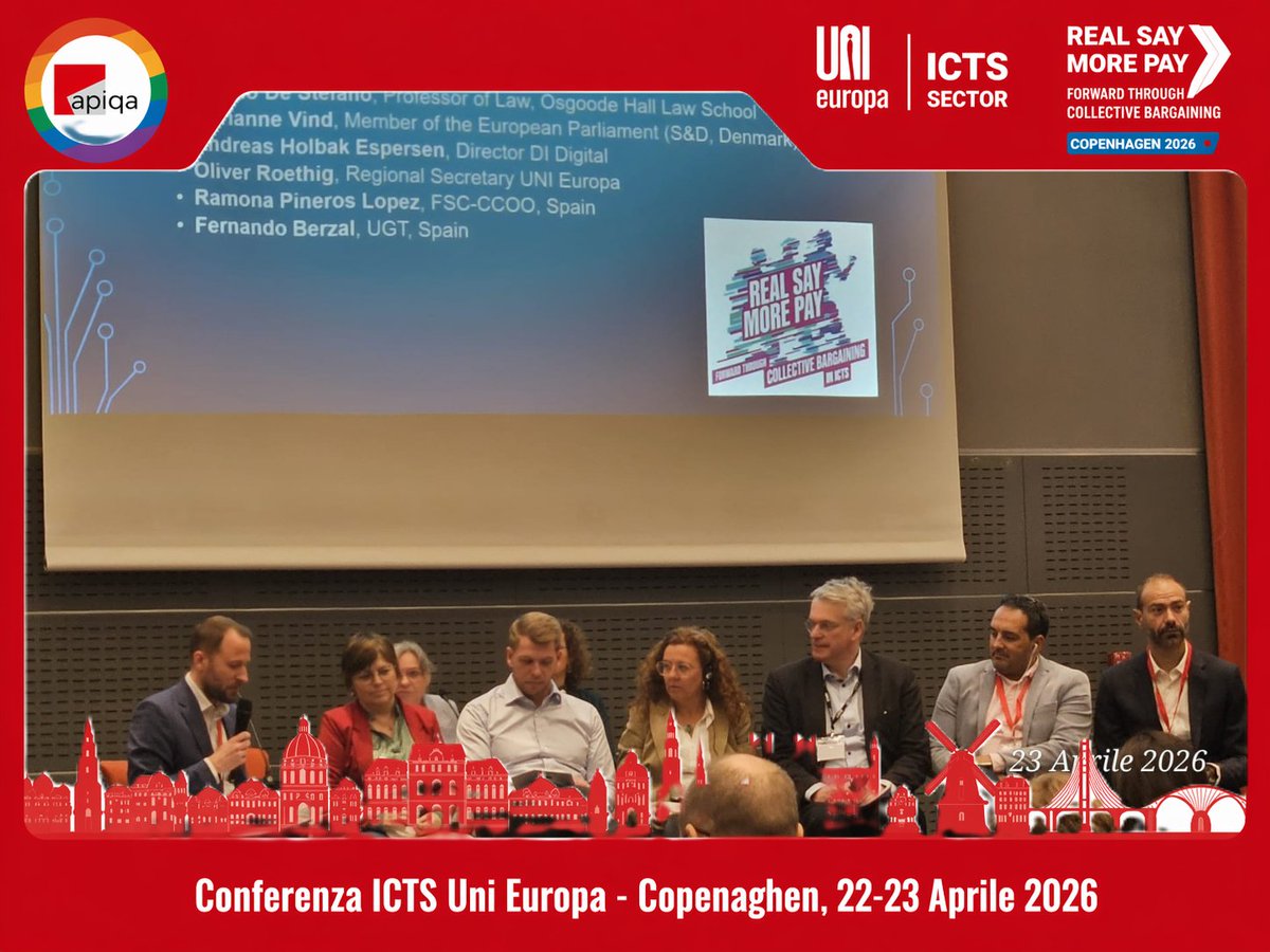 ApiqaCgil's tweet image. 🟥 Si chiude a Copenhagen la Conferenza ICTS di @UNI_Europa
Due giorni di confronto su lavoro, tecnologia e democrazia insieme a #Filcams e @SlcCgil.
Le tecnologie amplificano potere e controllo.
Servono diritti, contrattazione e voce collettiva.
#realsaymorepay #ICTS #lavoro #AI