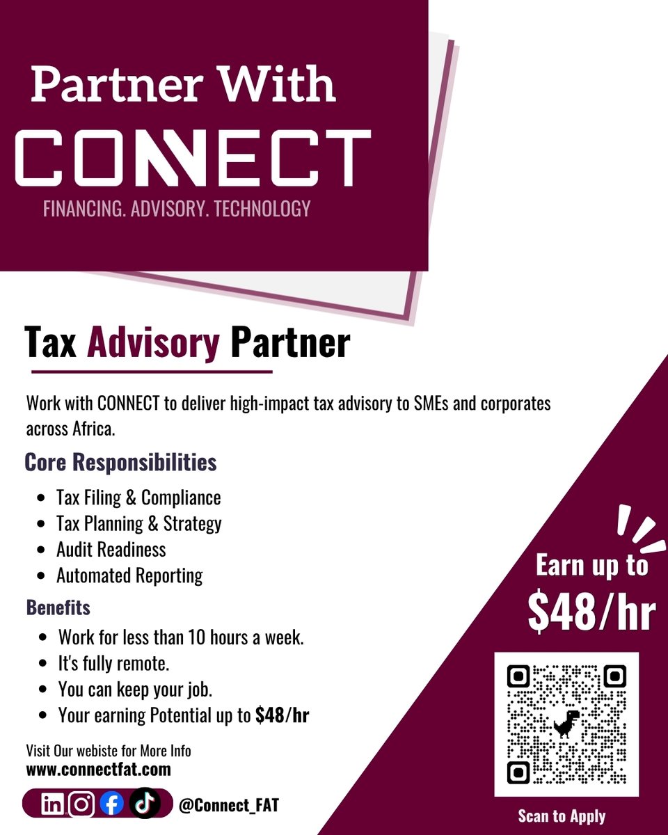 Connect_FAT's tweet photo. Work remotely on project basis, earn up to $48 / hour
Connect F.A.T is looking for experienced professionals in:

- Financial Advisory
- Software Development &amp; Data Analytics
- Tax Advisory

Interested? visit our website https://t.co/02sXLDau6y for more information. https://t.co/G6YqUiQiBm