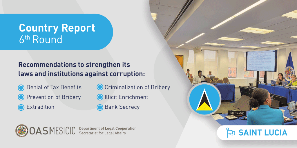 MESICIC's tweet image. The @MESICIC Committee of @OAS_official adopted the Report of the 6th Round of #SAINTLUCIA. 

Click here 👉 bit.ly/StLucia6_Eng and learn about all the recommendations to🇱🇨 strengthen its laws and institutions against #corruption
@OasStlucia