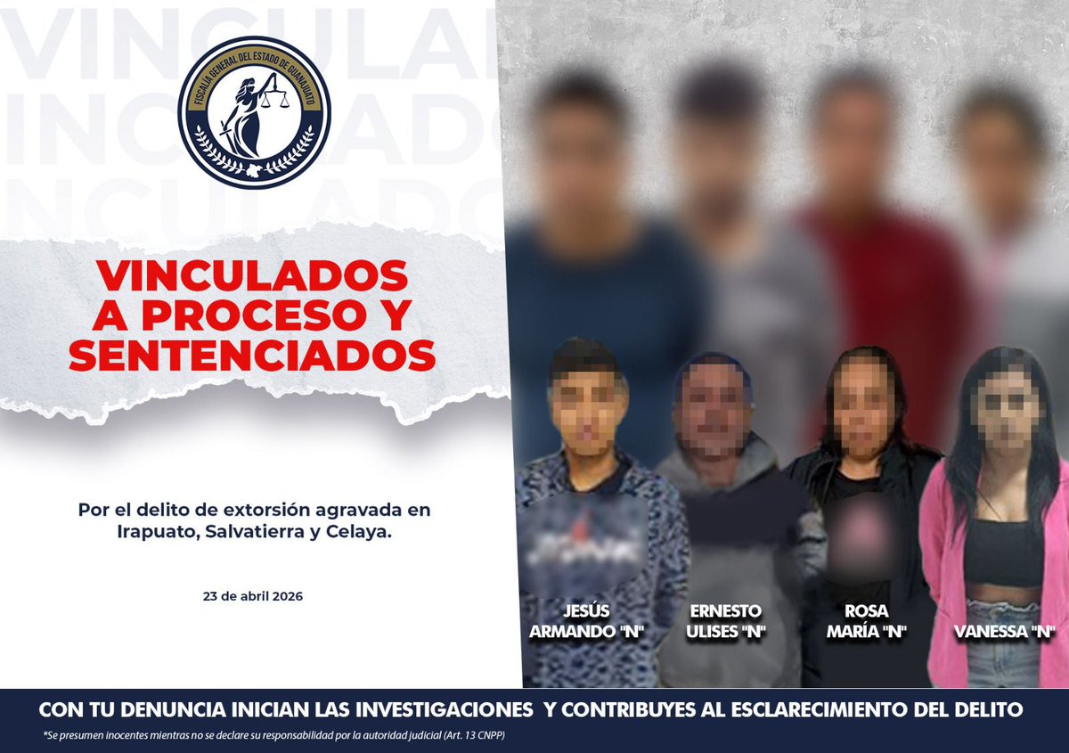 FGEGUANAJUATO's tweet photo. RESULTADOS CONTRA LA EXTORSIÓN EN GUANAJUATO

La Fiscalía General del Estado de Guanajuato informa que, derivado de investigaciones estratégicas y trabajo coordinado de sus áreas especializadas, se lograron sentencias condenatorias y vinculaciones a proceso contra personas responsables de extorsión agravada.

🔎 Estas acciones permitieron desarticular estructuras delictivas que afectaban a comerciantes y familias en municipios como Celaya, Irapuato y Salvatierra, devolviendo tranquilidad a sus comunidades.

⚖️ Los responsables enfrentan penas de más de 6 años de prisión, además de la reparación del daño a favor de las víctimas.

👥 Gracias al trabajo del Ministerio Público, peritos y agentes de investigación, se logró identificar su modo de operación y neutralizar su actividad criminal.

💬 En Guanajuato, la denuncia es clave.
Tu participación ayuda a proteger a más familias y a combatir estos delitos.

📞 800 DNUNCIA (368 62 42)
📱 ProcurApp
🌐 Portal oficial
💬 SMS: 473 172 4444

#FiscalíaGuanajuato #Justicia  #Extorsión #DenunciaCiudadana #Resultados