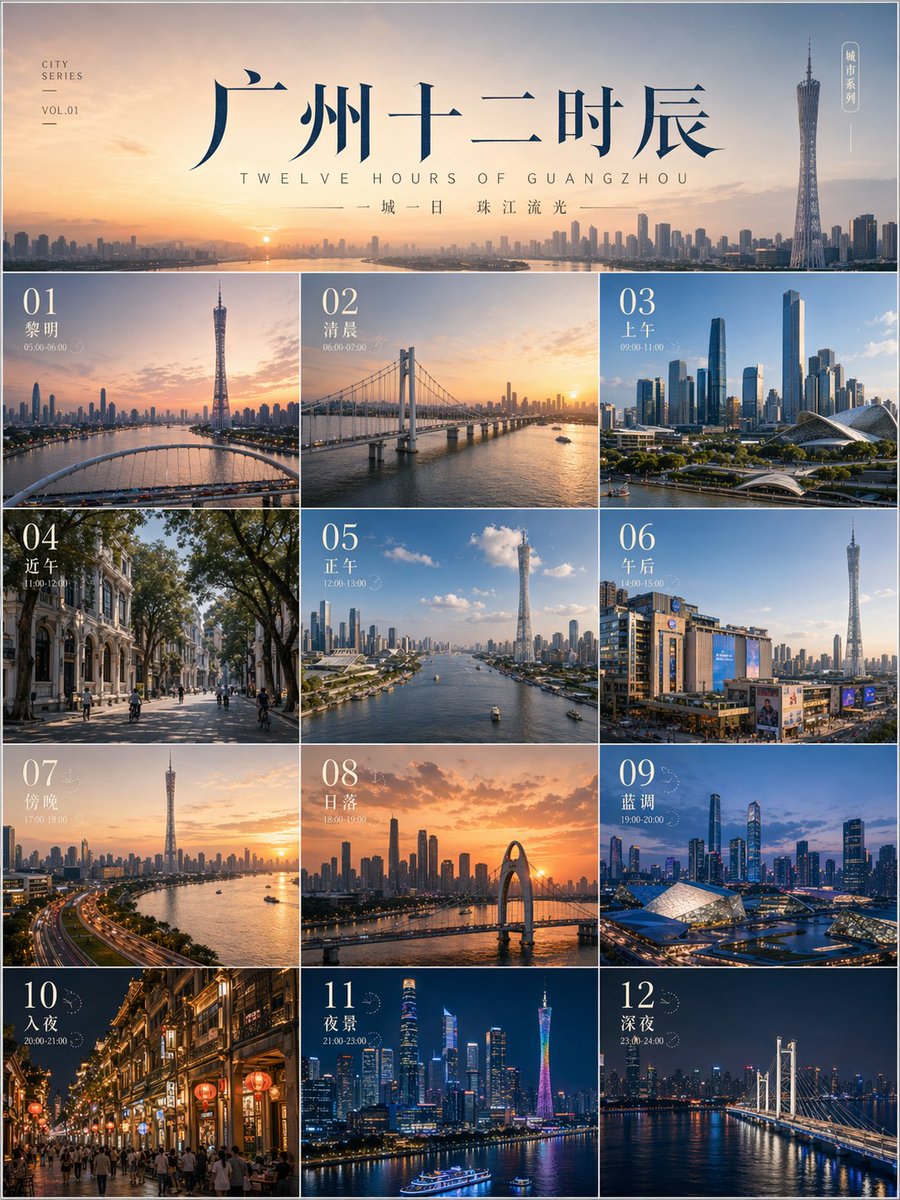 MrLarus's tweet photo. 官宣级审美！🤯我用ChatGPT-Image-2.0做了「城市十二时辰」系列！

把一座城市24小时压进12格海报，按时间流动组合，细节拿捏到位！

我生成了北京、广州、重庆、杭州，来试试你的城市👇

prompt/提示词：

请为【城市名】创作一张高完成度、高审美、适合系列化发布的「【城市名】十二时辰」主题竖版海报。

【核心定位】
这不是普通旅游拼图，也不是单张风景海报，而是一张具有“时间叙事感、城市识别度、系列封面感、杂志专题感”的城市主题拼贴海报。整体要像一个成熟内容栏目或文旅视觉系列中的标准主海报，画面精致、统一、清晰、具有传播感。

【画幅要求】
- 固定为竖版海报构图
- 比例建议为 3:4
- 要有“大海报感”和高分辨率质感
- 适合在移动端浏览，也适合做内容封面和系列发布图

【版式结构】
整张海报必须由 12 张图片组成，采用固定的 3 列 × 4 行结构排布，共 12 个画面单元，形成清晰的拼贴网格。每个小画面既要相对独立、具有观赏性，又必须与整体保持统一，不能像杂乱截图拼接。

【主题逻辑】
海报主题为“【城市名】十二时辰”。12 张图需要围绕同一座城市展开，并形成从日出到日落、再到夜幕降临的完整时间线，体现一天之内不同时间段的城市气质变化。画面要有明显的时间推进感，而不是随机摆放 12 张城市风景。

【内容要求】
1. 必须包含【城市名】最具代表性的重点地标、城市景观或标志性场景。
2. 地标应自然分布在 12 个画面中，不要机械重复，也不要每格都只拍同一个建筑。
3. 场景内容可包含：城市天际线、地标建筑、街区、人文空间、桥梁、水域、公园、历史建筑、夜景、城市生活氛围等。
4. 不同时间段应有不同光线和氛围变化，例如：晨曦、清晨、上午、正午、午后、傍晚、日落、蓝调时刻、夜幕初上、城市夜景。
5. 整体应体现同一城市在一天之中的流动感、节奏感和层次感。

【视觉风格】
- 整体以真实摄影感、文旅专题感、城市杂志感为主
- 具有统一调色和系列感
- 画面精致、干净、有秩序
- 兼具高级感、纪录片气质和传播封面属性
- 可以有轻微电影感，但不要过度修饰到失真
- 每个小画面都要漂亮，但更重要的是整体统一

【色彩与光影】
- 整体色彩要随时间线自然变化，从晨光到白天，从傍晚到夜色，形成连续的色温变化
- 允许出现日出暖金、白天清透、黄昏橙金、入夜蓝调、夜景暖灯等变化
- 但整体后期色调仍需统一，不能每格像不同滤镜
- 强调天空、水面、建筑灯光、城市层次与空气感

【标题设计】
海报主标题为：「【城市名】十二时辰」
要求：
1. 标题必须清晰可读，具有系列主视觉作用。
2. 标题与图片之间要有良好的视觉平衡，不能简单粗暴地在文字后面压一整块黑色遮罩。
3. 需要通过更高级的方式处理文字可读性，例如：合理留白、局部暗化、柔和渐变、轻微虚化、光影避让、半透明细腻衬底，或让标题落在更适合阅读的位置。
4. 标题既要突出，又不能破坏底图整体美感。
5. 可搭配小面积副标题、印章、时间标签或轻装饰元素，但不宜过多。

【排版与视觉重心】
- 12 格拼贴是主体结构
- 标题是主视觉锚点
- 需要重新组织构图，使文字与拼贴内容形成平衡，而不是生硬覆盖
- 整体阅读逻辑应清晰：先看到标题，再浏览 12 个时间切片，再感受整座城市的一日变化
- 要有明确的海报感，而不是普通拼图截图

【质量要求】
- 画面必须整洁、统一、高级、有设计感
- 12 张图片之间既有差异，也有一致性
- 地标清晰，城市辨识度高
- 时间线明确，主题鲜明
- 标题排版成熟自然
- 避免杂乱、避免拼贴失控、避免文字压图生硬、避免低质旅游宣传图感

【可替换字段】
【城市名】= 用户指定城市
【风格倾向】= 文旅感 / 杂志感 / 纪录片感 / 都市高级感 / 历史人文感
【主色气质】= 清晨淡金 / 清透蓝绿 / 黄昏橙金 / 夜幕深蓝 / 城市霓虹等
【标题风格】= 中文书法感 / 现代标题字 / 文艺杂志字 / 城市专题字
【副元素】= 小印章 / 小标签 / 时序标记 / 极简副标题

如果用户只输入城市名，请自动理解并补全：
- 该城市最具代表性的地标
- 最适合表现的一天时间线
- 最能体现城市气质的典型场景
- 最合理的光影与色彩变化