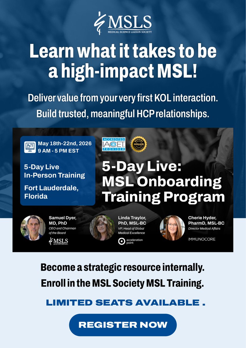 MSLSociety's tweet image. Most MSL onboarding prepares you for a perfect world.
The field?  Unpredictable.

Are you building knowledge… or real credibility?
Join our 5-Day Live, In-Person Training:
📅 May 18–22, 2026
📍 Florida
🔗themsls.org/msl-onboarding…
 
#MSL #MedicalAffairs #Pharma