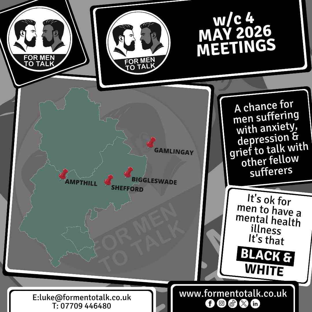 ForMenToTalk's tweet image. Here is the @formentotalk schedule for w/c 4 May 2026. More information can be found at utniy8.short.gy/fmtt040526m.
Newsletter sign-up: tinyurl.com/FMTTNL
@formentotalk offers a space for men to discuss #anxiety, #depression and #grief openly. #mentalhealth