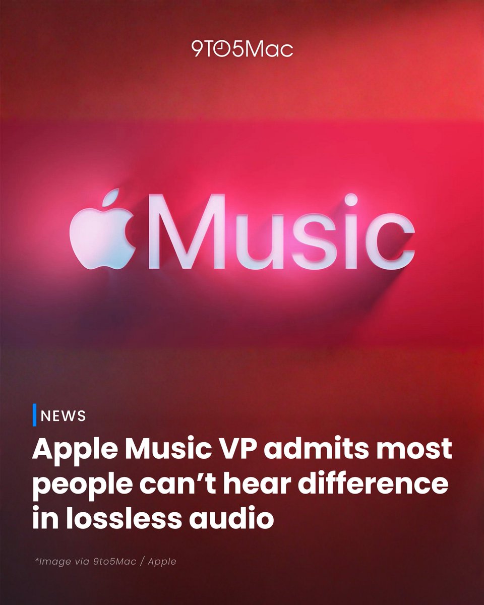 The head of Apple Music just said the thing about lossless audio we were all thinking.

In a recent interview, Oliver Schusser admitted 'most fans wouldn't be able to tell the difference.'

(Full story 9to5mac.com/apple-music-ex…)