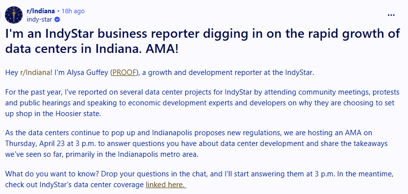 ryanmartin's tweet photo. .@AlysaGuffeyNews is doing an AMA today on Indiana data centers: https://t.co/fbOFcUAMMI https://t.co/Py9wzXdJEh