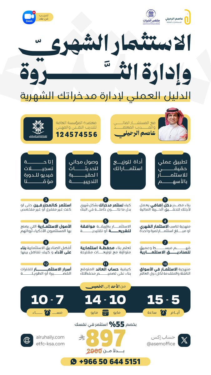 AsemOffice's tweet photo. يتعرض الكثير من الناس لمخاطر التضخم بسبب ترك المال على شكل سيولة نقدية !
لذلك من المهم أن تبدأ استثمار أموالك على الفور.

انضم الآن لدورة #الاستثمار_الشهري_وإدارة_الثروة

للتسجيل https://t.co/trKUJ6kNCJ

للتواصل https://t.co/uBh8SXNnwF https://t.co/WHhMYdTULY