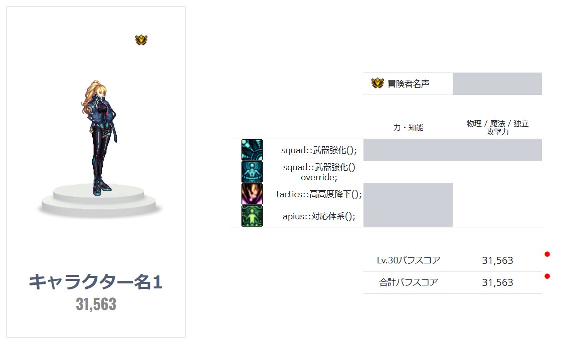 ディレジエレイド以降版バフスコア計測記録表を作成しました！
よければ自由に使ってみて下さい

バフスコア計算式やバッファー改変でバフ強化スキルの仕様が重泉実装時から更に変更されました

URL↓
docs.google.com/spreadsheets/u…

●保存の仕方
URLを開く
↓
[コピーを作成]