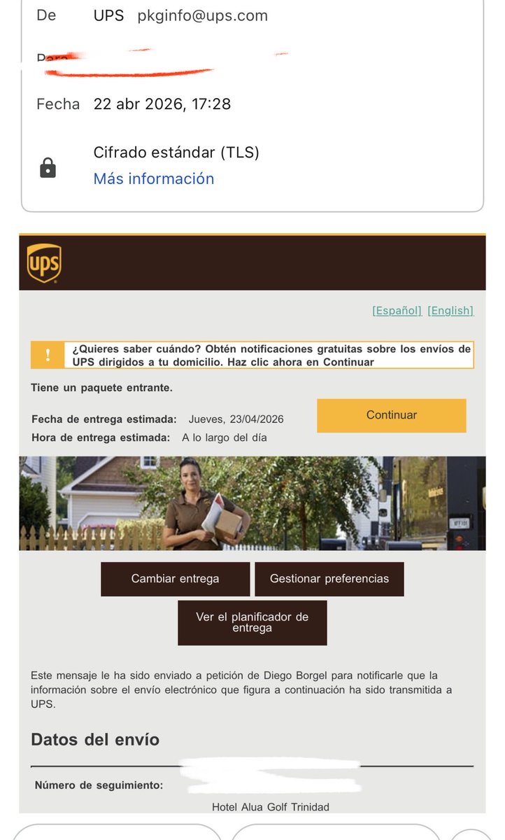 DiegoBorgel's tweet photo. @UPS_ES Desastre de empresa de logística. 

 Ayer realizo un envío con ustedes para entregar a destinatario hoy a lo largo del día, se puede ver en la foto1. Cuando he ido a revisar el estado de entrega, me ponen que aun sigue en parcel foto2. Atención al cliente no ayuda https://t.co/6wVrQX4PC9