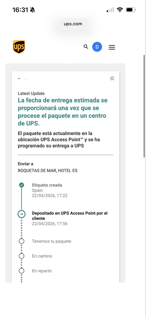 DiegoBorgel's tweet photo. @UPS_ES Desastre de empresa de logística. 

 Ayer realizo un envío con ustedes para entregar a destinatario hoy a lo largo del día, se puede ver en la foto1. Cuando he ido a revisar el estado de entrega, me ponen que aun sigue en parcel foto2. Atención al cliente no ayuda https://t.co/6wVrQX4PC9