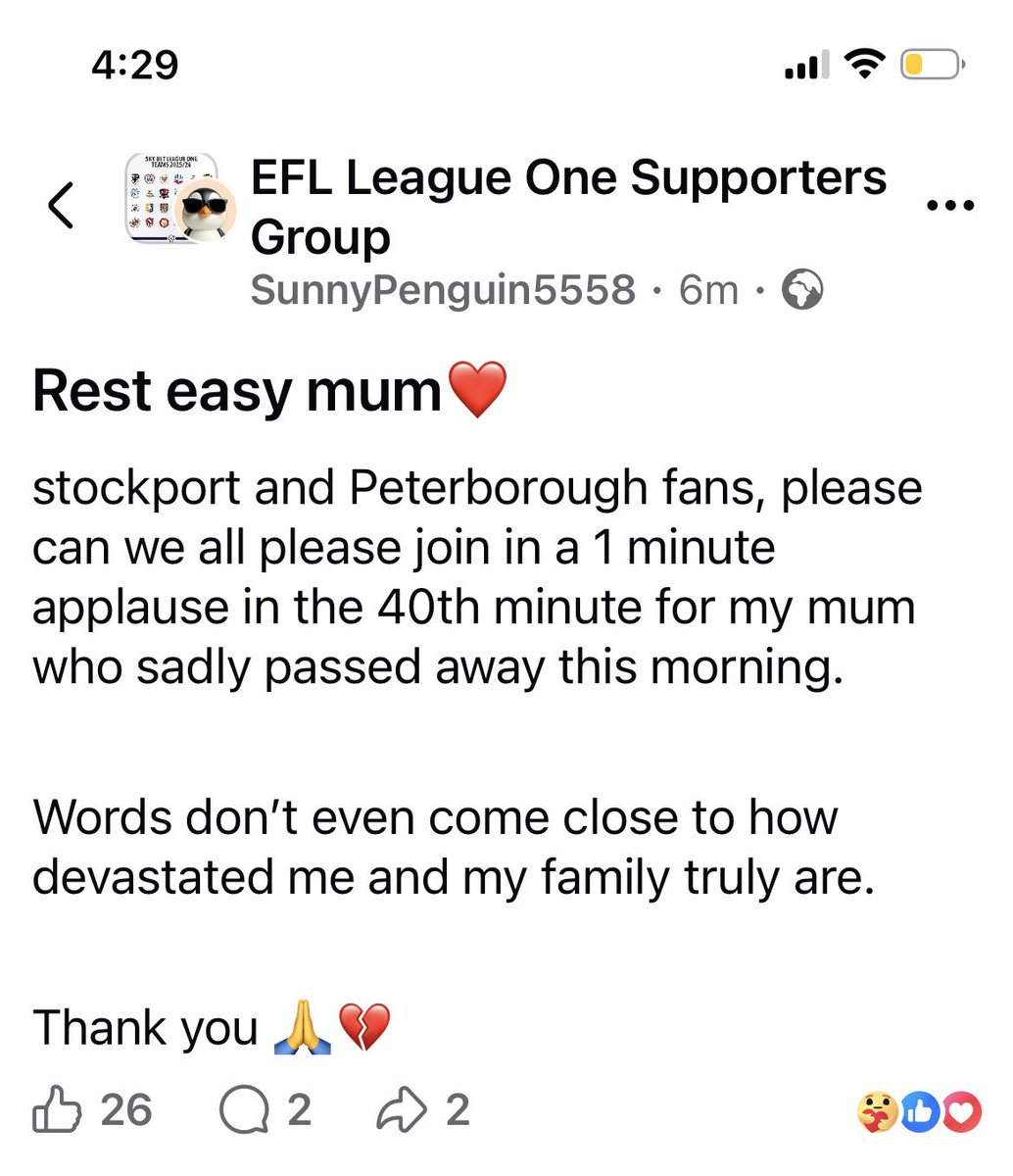 baghead325's tweet image. Calling all @StockportCounty and @theposh fans for this saturday 🙏
1 minute applause on the 40th minute, please can we join in and give my mum a good send off. 
Words can’t describe how devastated i truly am💔

Thank you 🙏