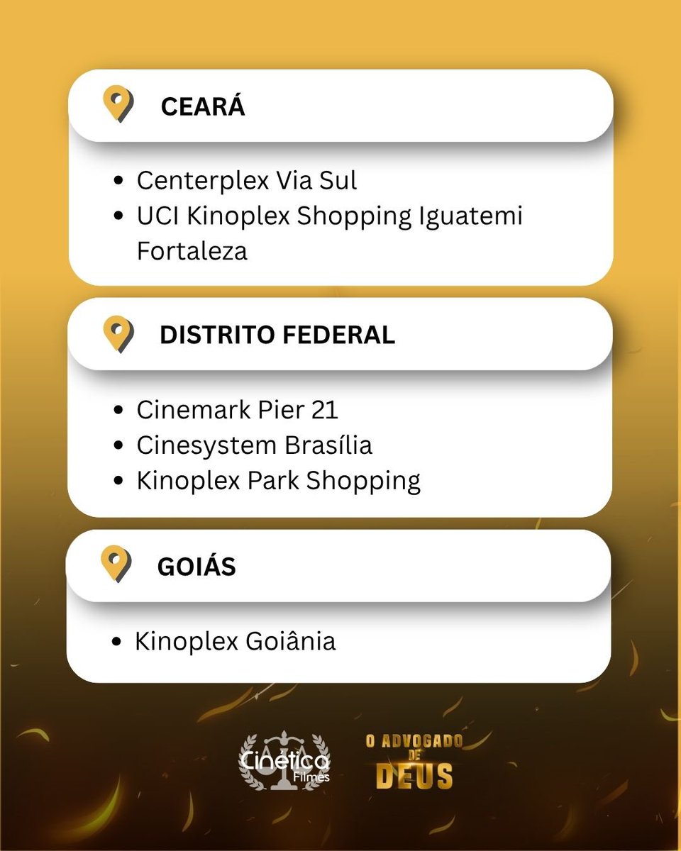 CineticaFilmes's tweet photo. Novo circuito nas telonas! O advogado de Deus disponível nas salas abaixo. Não deixa pra depois… https://t.co/cZorQA1X2N
