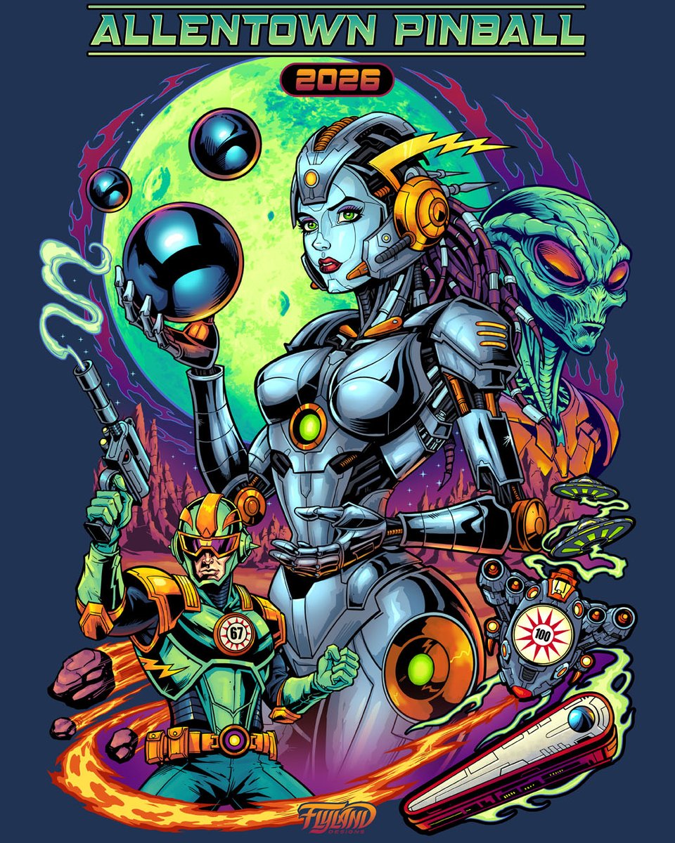 flylanddesigns's tweet image. Happy to share this sci-fi themed pinball illustration I drew for art prints and tees - I like the alien dude looking off in the distance with regret.
#scifi #robot #pinball #pinballmachine #pinballlife #pinballmachines