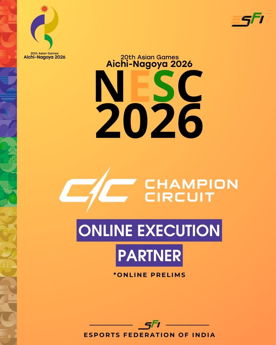 esfindia's tweet image. A big thank you to our "NESC 2026 – Online Phase" execution partner, Champion Circuit, for helping us identify the Top 8

Moving ahead, Lets Game Now will execute the Top 8 onward stages, taking the competition to the next level.

#NESC2026 #AsianGames #EsportsIndia