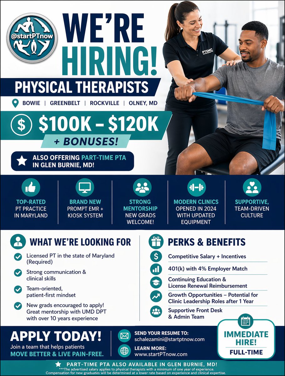 startptnow's tweet photo. 🚨 We’re Hiring PTs in MD! 🚨

Join one of Maryland’s top-rated PT teams 💪
✅ $100K–$120K + bonuses
✅ New grads welcome (mentorship)
✅ Modern clinics + strong team culture
✅ Real growth

📍 Bowie | Greenbelt | Rockville | Olney
📩 Apply today: schalezamini@startptnow.com https://t.co/uF8hBYrLcq
