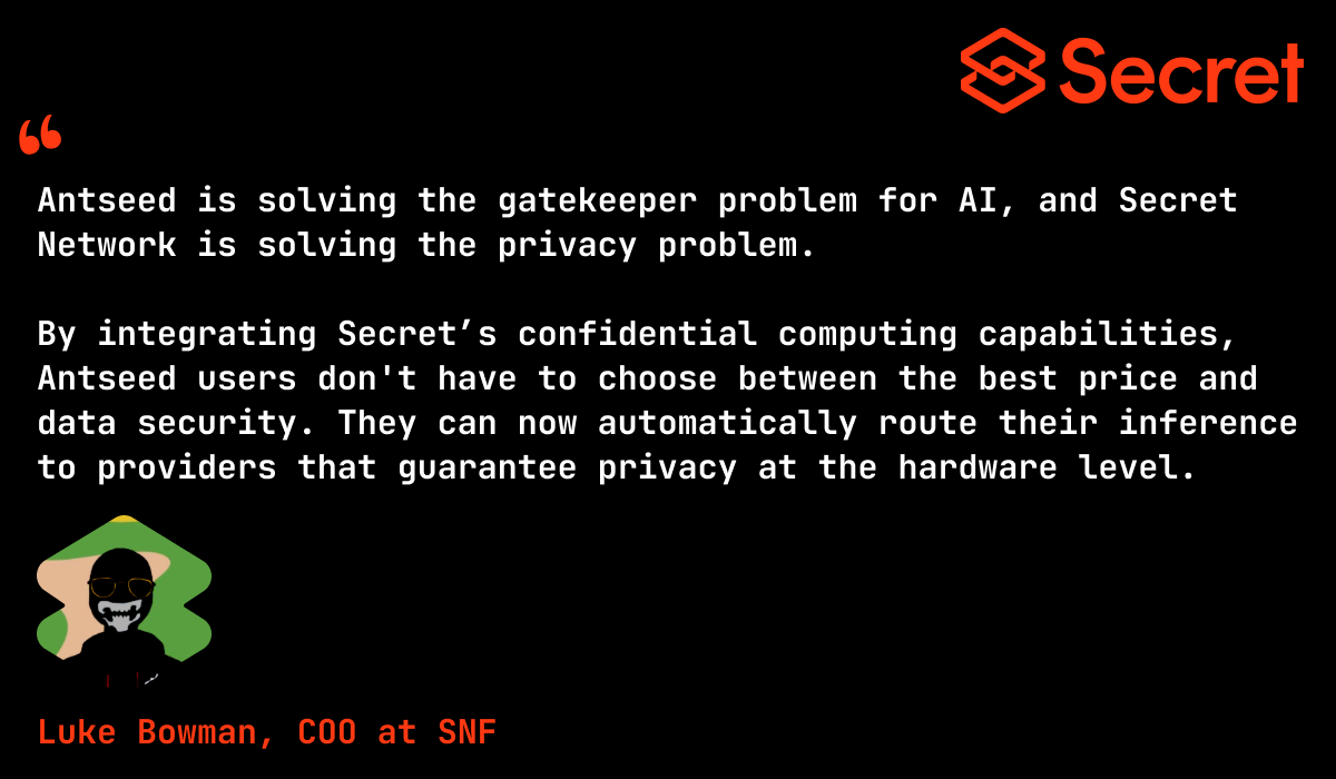 SecretNetwork's tweet photo. A meaningful step for private AI infrastructure.

Our partnership with @AntSeedAI brings confidential computing into the open inference market, so users can route prompts through providers that deliver hardware-level privacy without giving up flexibility, price efficiency, or control.

Open access. Verifiable privacy. Better inference by design.
