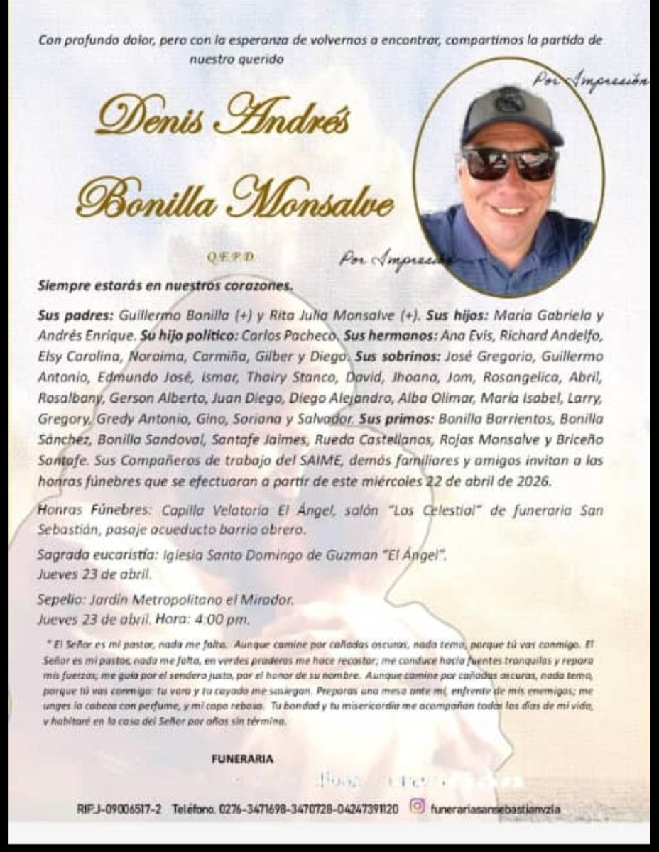 josicazam's tweet photo. Se fue un gran Amigo, Denis Bonilla, Hombre solidario, noble, talentoso y siempre ayudaba al prójimo, aficionado a los deportes y cercano a los medios de comunicación,  hermano de otro gran amigo Richard Andelfo a quien acompañamos en este momento al igual que a toda su familia https://t.co/5ib5Tyrev9
