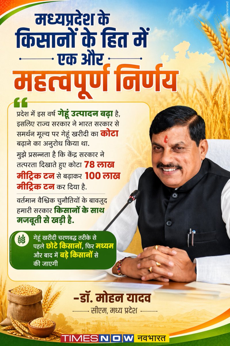 TNNavbharat's tweet image. मध्य प्रदेश के किसानों के लिए खुशखबरी, केंद्र ने बढ़ाया गेहूं खरीदी का कोटा

CM मोहन यादव ने सोशल मीडिया पोस्ट कर बताया कि केंद्र सरकार ने मध्य प्रदेश के लिए गेहूं खरीदी का कोटा 78 लाख मीट्रिक टन से बढ़ाकर 100 लाख मीट्रिक टन कर दिया गया है

@DrMohanYadav51 #MadhyaPradesh #Farmers