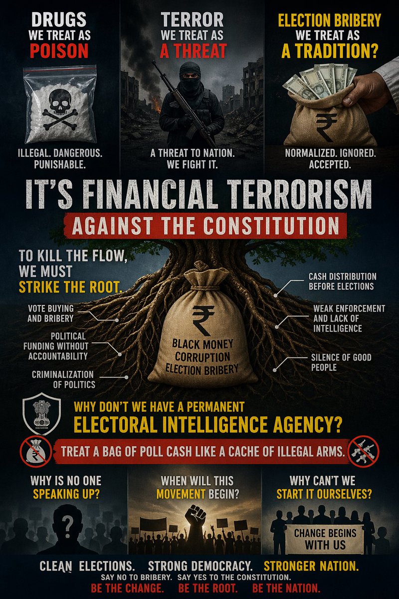 UshaDasari3's tweet photo. #SelfThought
We treat DRUGS as a poison and TERROR as a threat, yet we treat election bribery as a tradition. It’s Financial Terrorism against the Constitution. To kill the flow, we must strike the ROOT. Why don’t we have a permanent Electoral Intelligence Agency and treat a bag of poll cash like a cache of illegal arms.
Why is no one speaking up? When will this movement begin? Why can’t we start it ourselves? I’d love to hear your thoughts.
#Election #Drugs #Terrorism