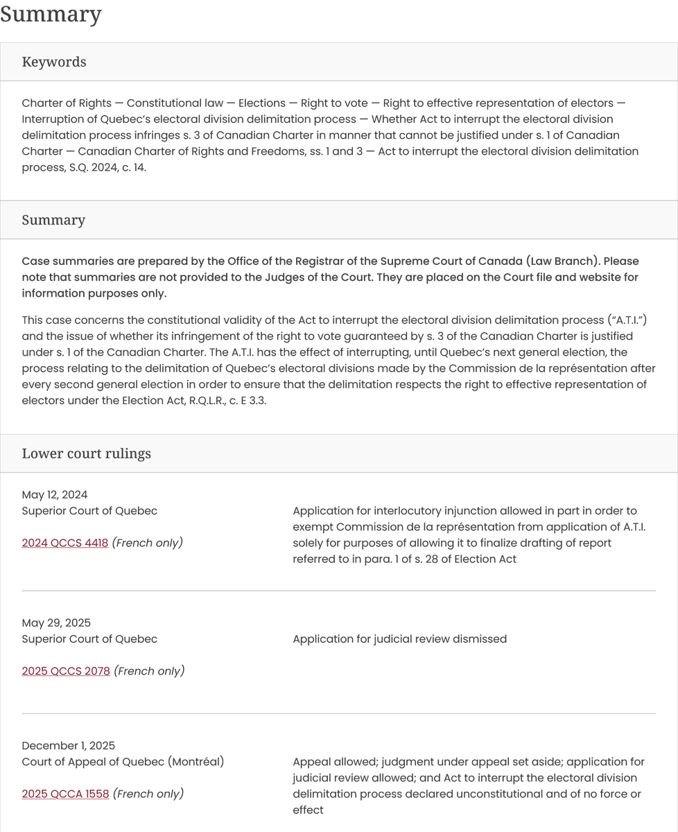 LawScribes's tweet image. Supreme Court Canada oral judgment in Charter right to vote and #Quebec #elections law. #SCC dismissed appeal with 'reasons to follow.' The QCCA decision declaring 'delimitation process' unconstitutional stands. #democracy