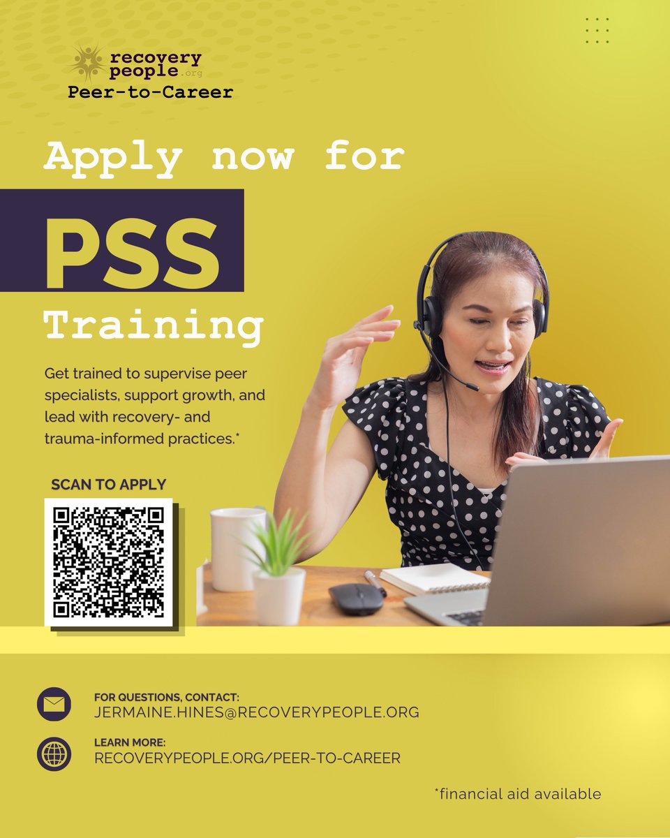 RecoveryPeeps's tweet photo. Step up. Lead forward.

Apply for Peer Specialist Supervisor (PSS) Training today.

Financial assistance may be available.

Visit: https://t.co/P6dUrL1QkL

#PeerToCareer #P2C #PeerWorkforce #PeerSupport #RecoveryPeople https://t.co/YR3w5cfyLo