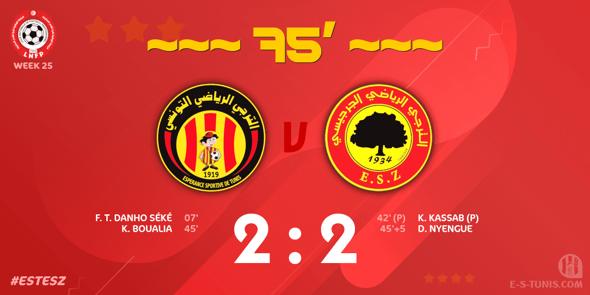 ESTuniscom's tweet photo. ⏱ 75' | #Ligue1Tn🇹🇳 Week 25 #ESTESZ | @ESTuniscom 2⃣-2⃣ #ESZarzis : Score reminder / تذكير بالنتيجة / Rappel du score https://t.co/0I9IMkwgaw