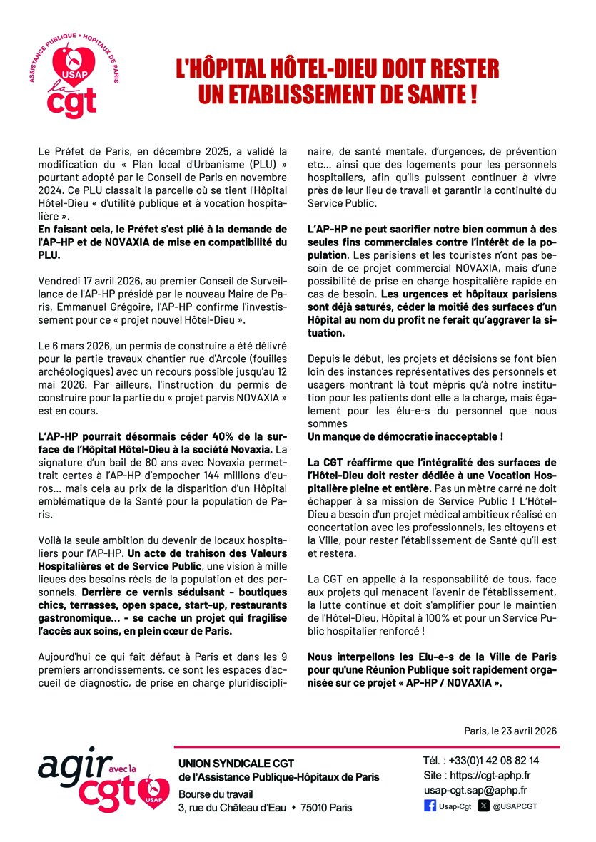 UsapCGT's tweet image. L'Hôpital Hôtel-dieu doit rester un établissement de santé
#aphp #CGT #cgtenlutte #hôpitalhôteldieu #paris4 #paris #DésertMédical