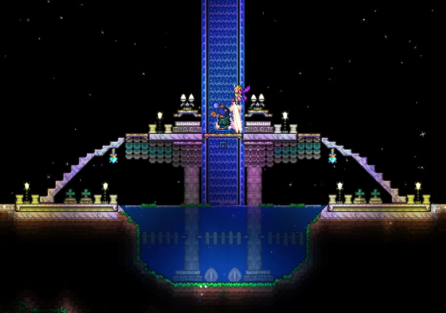 無事、昼の女王も倒してテラリアジャーニーマスター終了！
みやびんの作ったレリック置き場素晴らしい出来になってて最高！
今回の私の建築物は地下パイロンのおうちと、レリック置き場の下側の橋です。