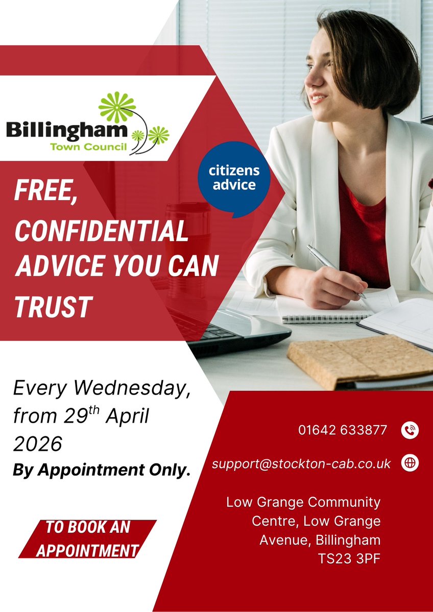 Well_Champs's tweet image. 📣  From Wednesday 29th April

Free, confidential Citizens Advice support

📍 Low Grange Community Centre
 📅 Every Wednesday | 📞 Appointment only

Book: 01642 633877

📧 support@stockton-cab.co.uk

#StocktonOnTees #Billingham #Support #Advice #CitizensAdvice