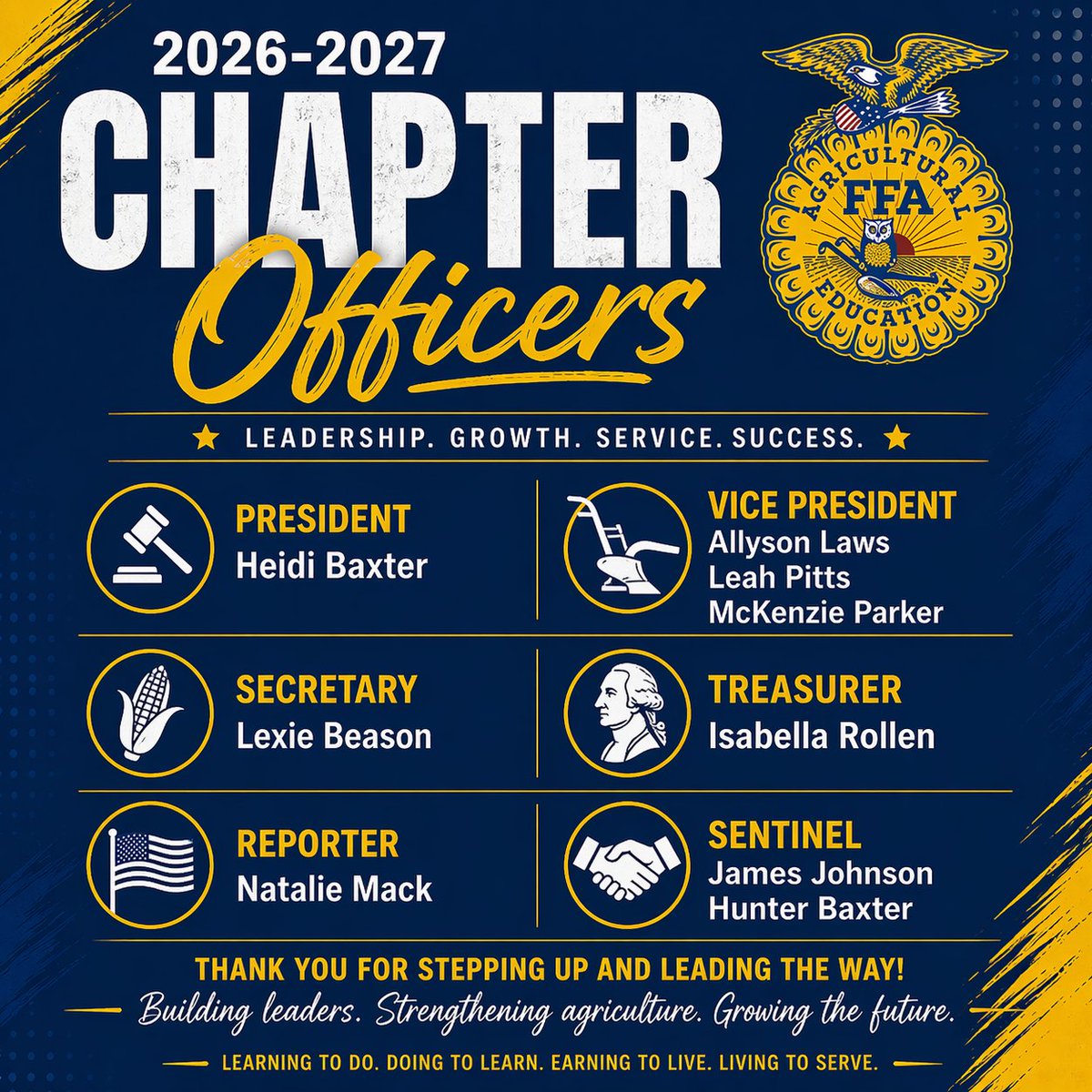 ByingtonFFA's tweet image. Introducing our 2026–2027 FFA Chapter Officers! 💙💛
Ready to lead and serve!
#FFA #Leadership #ByingtonSolway