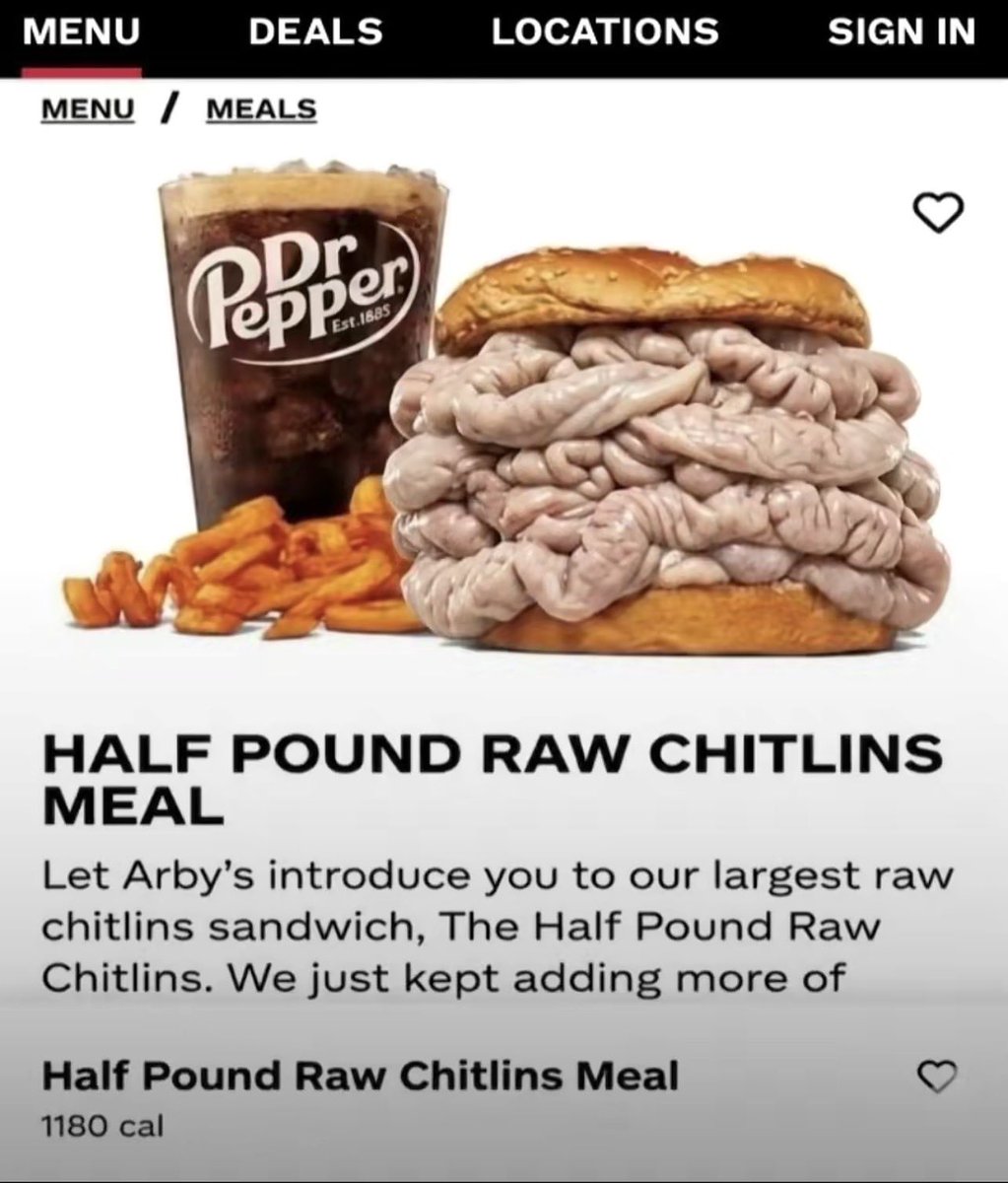 RageBait_Party's tweet photo. @THEEParty_mla Funny you say that because our VP John Pork’s favorite meal is the Arby’s Half Pound Raw Chitlins Meal 🤝 https://t.co/GwEkdl84Hw
