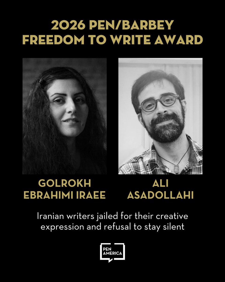 IranPrisonEmerg's tweet photo. From PEN America IG: "The 2026 PEN/Barbey #FreedomToWrite Award will honor Iranian writers Golrokh Ebrahimi Iraee and Ali Asadollahi.

Writer, poet, and human rights defender @golrokhiraee  has faced more than a decade of harassment, detention, and repeated imprisonment for her writing and activism on a range of human rights themes. She is currently jailed in Evin prison.

Writer, poet, and translator #AliAsadollahi was arrested in January 2026 and detained for nearly two months as part of the Iranian government’s most recent crackdown on dissent. He was released on bail in mid-March amid mounting international pressure but remains at risk of re-arrest.

The PEN/Barbey Freedom to Write Award recognizes writers who are targeted for their expression and jailed at the time of selection. The announcement comes amid a deepening crisis for free expression in Iran, where writers face both the long-standing repression of their own government and the immediate and life-threatening consequences of the U.S.-Israeli war with Iran."

#freepoliticalprisonersiniran
#nowaroniran