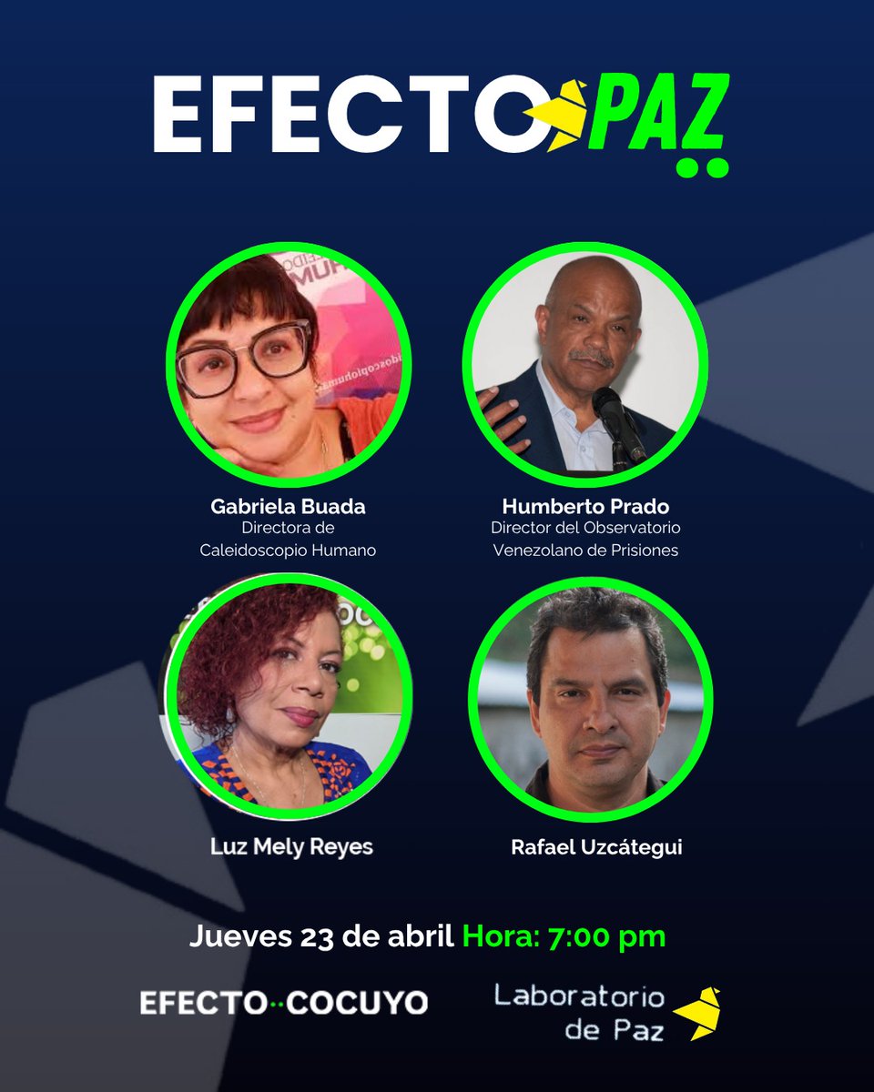 EfectoCocuyo's tweet image. #EfectoPaz | 🌟Nuestra directora @LuzMelyReyes y @fanzinero conversarán este #23Abr, con @gabybuada y @HUMBERTOPRADO, sobre la situación de las cárceles venezolanas.

⏰ Transmitiremos a las 7:00 pm, por #FacebookLive, #XLive 📷 y #YouTube.