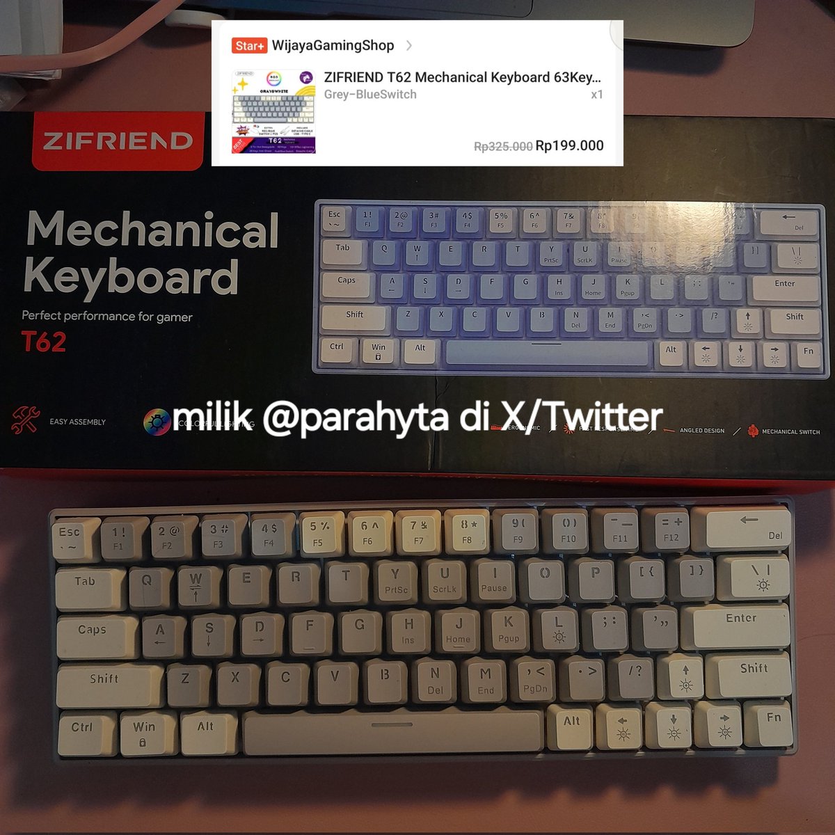 parahyta's tweet photo. WTS PRELOVED ZIFRIEND T62 MECHANICAL KEYBOARD 63KEYS 60% LAYOUT BLUE SWITCH RGB BACKLIT

🎮 180rb (nego tipis)
🎮 Warna abu-abu
🎮 Dijual karena jarang dipakai, jadi masih normal aman banget
🎮 Semua perintilan masih lengkap

🍊 only https://t.co/1UeL8EFhlq