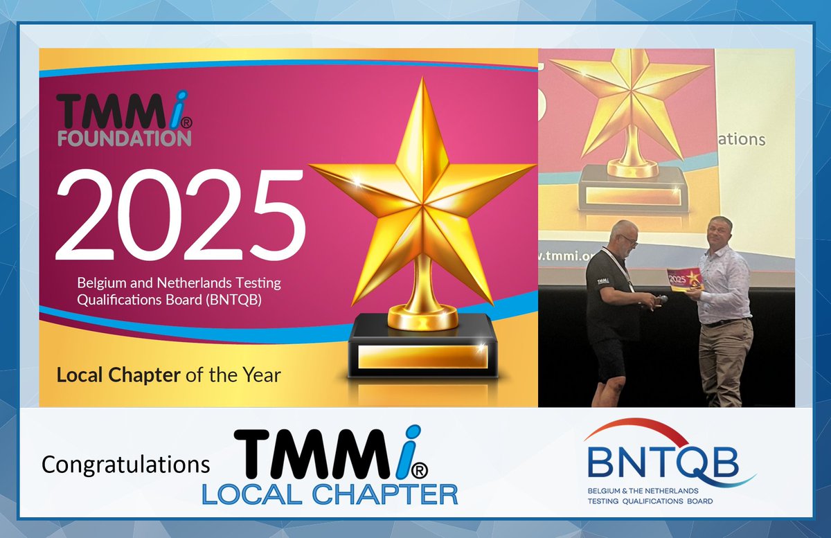 TMMiFoundation's tweet photo. Congratulations to the entire @BNTQB1 - Member board of ISTQB - TMMi Local Chapter for achieving the "Local Chapter of the Year" for 2025. 

It's so incredible to see the growth throughout Belgium and the Netherlands! 
@TMMiFoundation  #SuccessWithTMMi #TestProcessImprovement https://t.co/3U1aWTBjdf