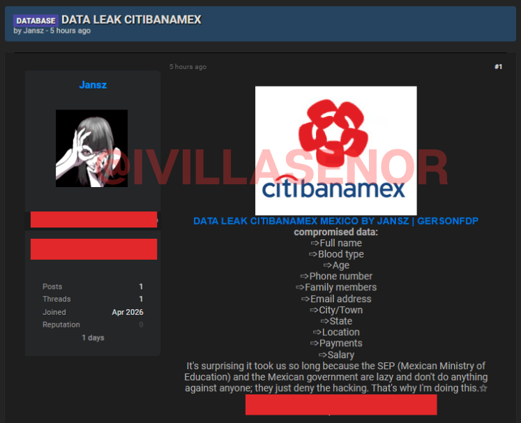 ivillasenor's tweet photo. 🔴 | CIRCULA FALSO HACKEO A BANAMEX

Un ciberdelincuente difundió un documento con registros bancarios de 2.6 millones de personas, el cual atribuyó a @banamex. Sin embargo, un análisis del archivo revela inconsistencias relevantes que ponen en duda esa versión.

La base no contiene datos como tipo de sangre ni correos electrónicos, pese a que el propio actor afirma lo contrario. Además, la estructura y el contenido de los registros sugieren que la información corresponde a los años 2006 y 2007, lo que apunta a una posible filtración proveniente de un buró de mercadotecnia con datos previamente cruzados.

Aun así, el riesgo no es inexistente. La presencia de direcciones implica una posible exposición, especialmente para personas que han mantenido su residencia y estabilidad laboral o salarial por más de dos décadas.

No obstante, el alcance del incidente parece mucho menor al que intenta proyectar el propio delincuente.