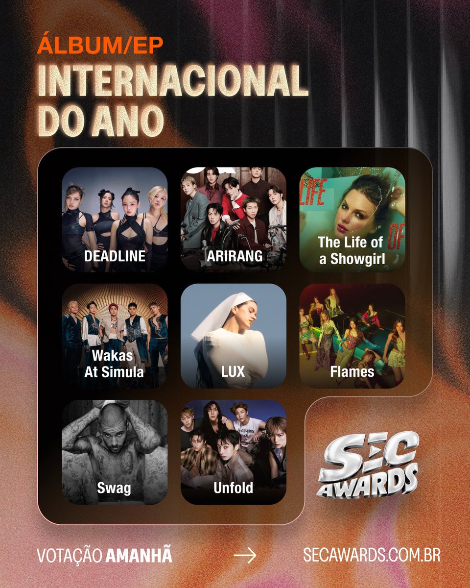 Conheça os indicados da categoria “Álbum/EP Internacional do Ano” no #SECAwards 2026. 📀

A votação começa amanhã, meia-noite. ⏰