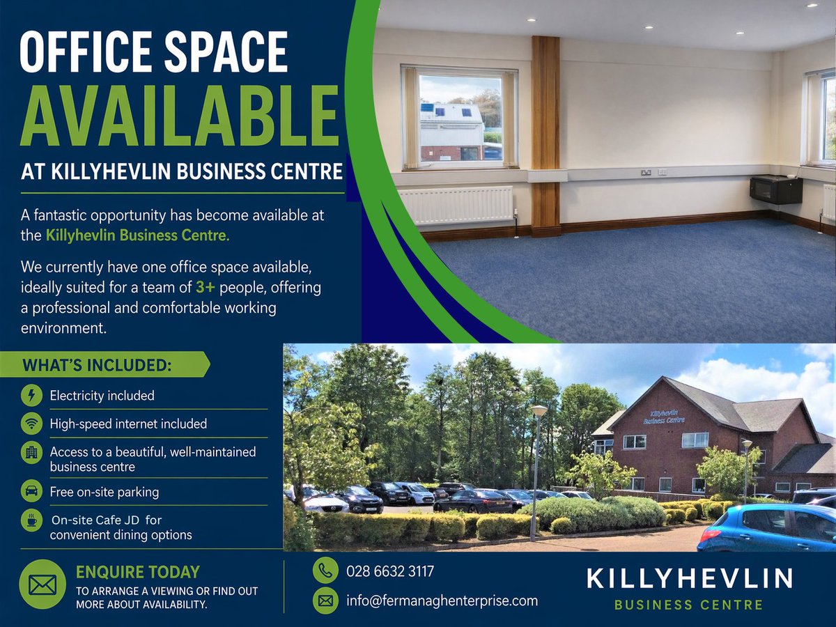 FermanaghEnter's tweet photo. 🚨 Office Available – Killyhevlin Business Centre, Enniskillen - Ideal for a team of 3+. 
Includes utilities, fast internet, free parking &amp; on‑site café.
📩 Enquire: 028 6632 3117 https://t.co/gY9OCzVDEC
