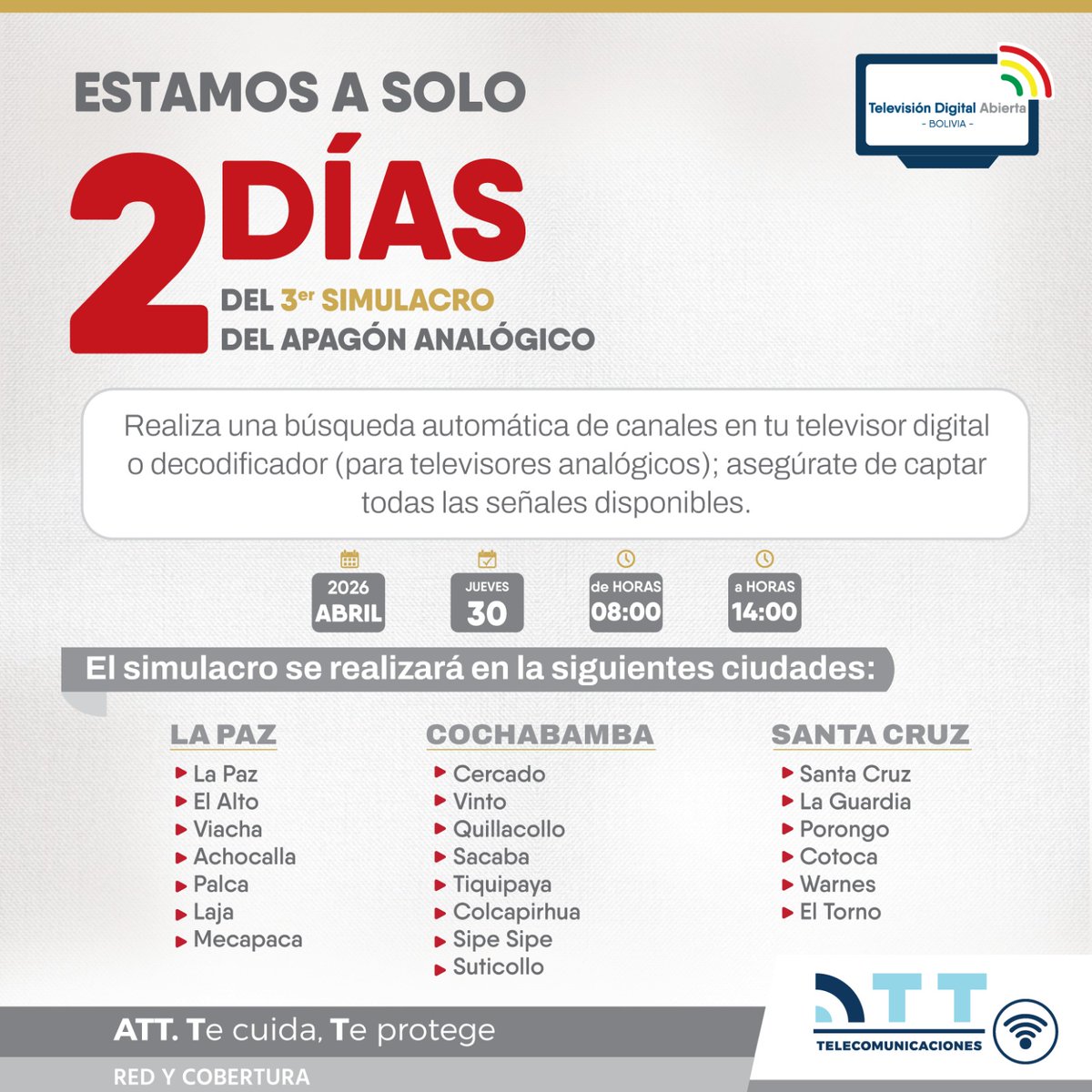 ATTBolivia's tweet photo. ¿Tu TV ya está lista para lo que viene? 👀
Es buen momento para revisar tu señal y asegurarte de tener todo configurado correctamente 🔧✨
Disfruta una experiencia más completa y sin interrupciones 🚀
#TelevisiónDigital #TDTBolivia #CambioDigital #Tecnología #SeñalDigital https://t.co/NvgcFQBl18