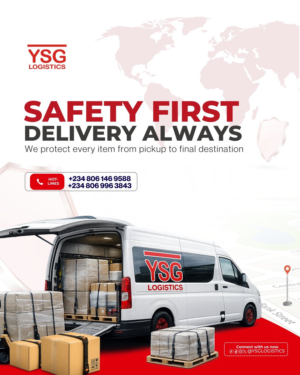 YSGLOGISTICS's tweet photo. Your cargo deserves more than just delivery, it deserves protection every step of the way. 

With YSG Logistics, it’s Safety First. Delivery Always.

From pickup to final destination, we’ve got you covered.

#YSGLogistics #SafeDelivery #LogisticsNigeria #ShipWithConfidence https://t.co/dJvAPauO7k