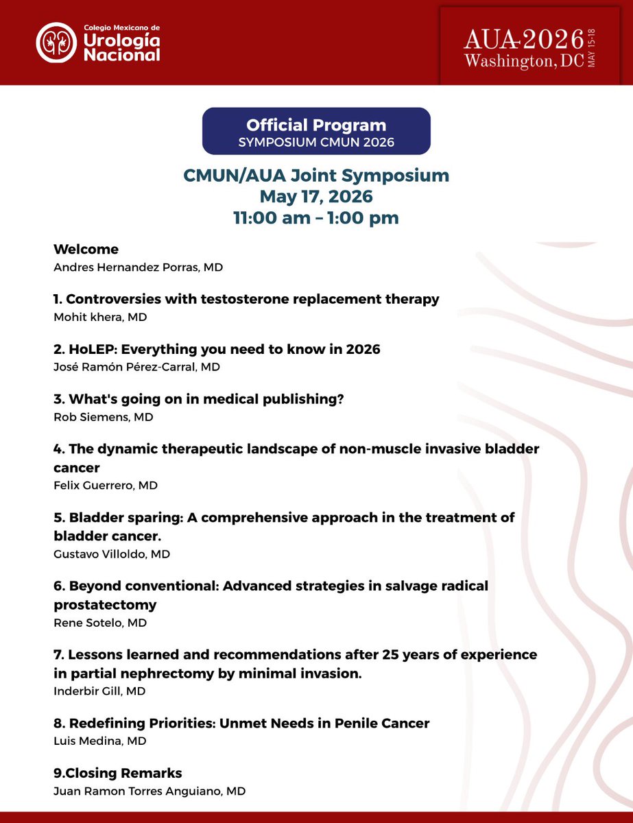 CMUN_Urologia's tweet image. Forma parte del CMUN/AUA Joint Symposium. Un espacio donde expertos compartirán experiencia, evidencia y perspectivas actuales en temas clave de la urología.

Nos vemos el 17 de mayo en Washinton, DC 
Horario: 11:00 a 13:00 h

¡Te esperamos! 🙌

 #savethedate #urología #CMUN