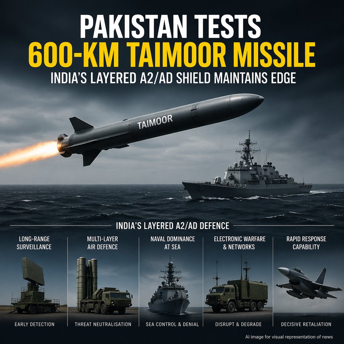 IndianDefenceT's tweet image. Pakistan tested 600-km-range Taimoor anti-ship cruise missile, enhancing maritime strike capability and precision targeting, but India’s layered A2/AD defenses still maintain a clear strategic and deterrence advantage.

#DefenceNews #MissileTest #NavalStrategy #A2AD #Geopolitics