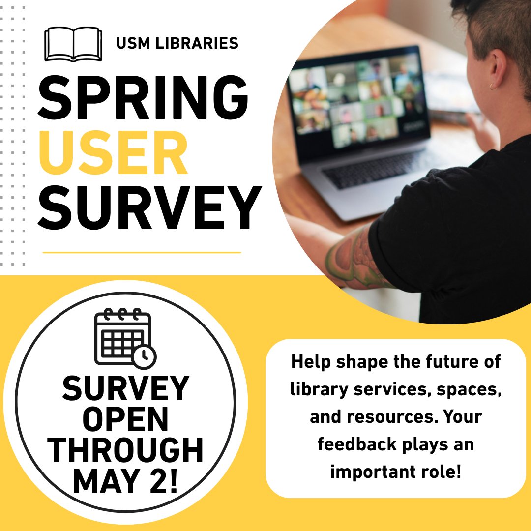USM_GradSchool's tweet photo. University Libraries wants your input!

Take a few minutes to complete the Spring User Survey. Your feedback helps the library better serve faculty, staff, and students. 

Link to Survey:
https://t.co/9QLHBkcqQ0

#usmgraduateschool #southernmissgraduateschool #smttt 🦅 https://t.co/Pm1ex63oao