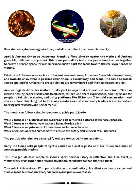 As April ends, let this be clear: the #AmharaGenocide doesn't follow a calendar. Our pain is real, our history is documented, and our demand for justice is unwavering. We deserve the same global recognition afforded to every other genocide in history. The awareness month closes,
