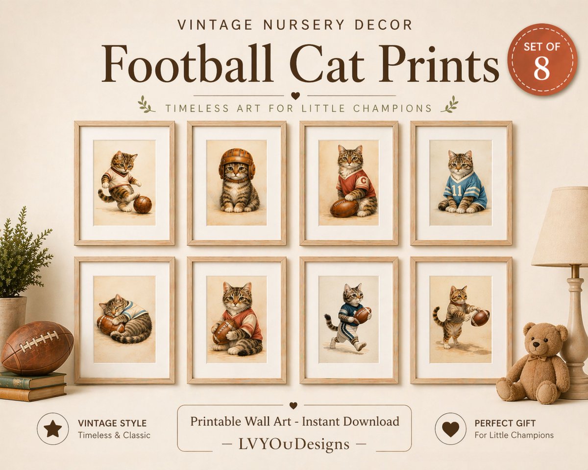 patty_hap's tweet image. Vintage football cat nursery prints set of 6 featuring playful tabby designs. Fun boys sports wall art—perfect for a cozy, sporty kids’ room décor.

35% OFF – Limited time ⏳
Shop Now 👉 etsy.me/4e5KShm
🔒 Not available as NFT
#NurseryWallArt #CatPrints #KidsRoomDecor