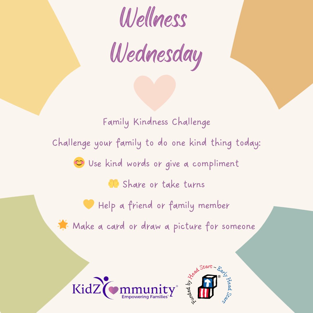 _KidzCommunity's tweet photo. It's #WellnessWednesday 📷 Family Kindness Challenge
Kindness can be simple, but it makes a big impact 📷
At the end of the day, take a moment to talk about your acts of kindness and how they made everyone feel. https://t.co/k5J3jUxviq