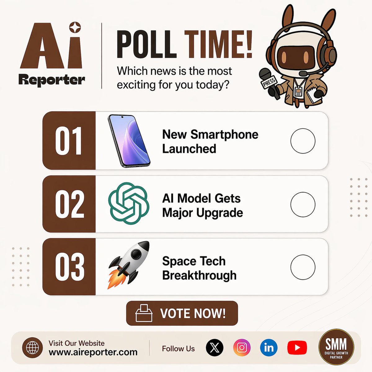 aiwebreporter's tweet image. 🗳️ POLL TIME!

Which tech news excites you the most today?

1️⃣ Smartphone Launch 📱
2️⃣ AI Upgrade 🤖
3️⃣ Space Breakthrough 🚀

Vote below &amp;amp; reply with your choice 👇

#TechPoll #VoteNow #TechNews #AI #TrendingTech