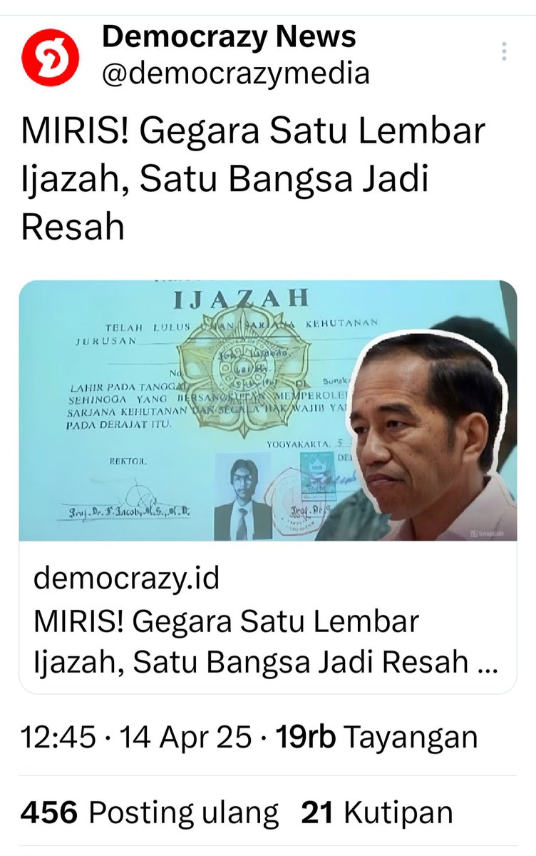 LembahArfak's tweet image. Ijazah #Jokowi mirip dengan kasus #TrumpPedófilo yang ditutup rapat2 oleh kroni2nya.

👉🏿 ini adalah kejahatan yang paling modern di #Indonesia sejak Indonesia merdeka tahun 1945.
#IjazahPalsuJokowi

x.com/i/status/20471…