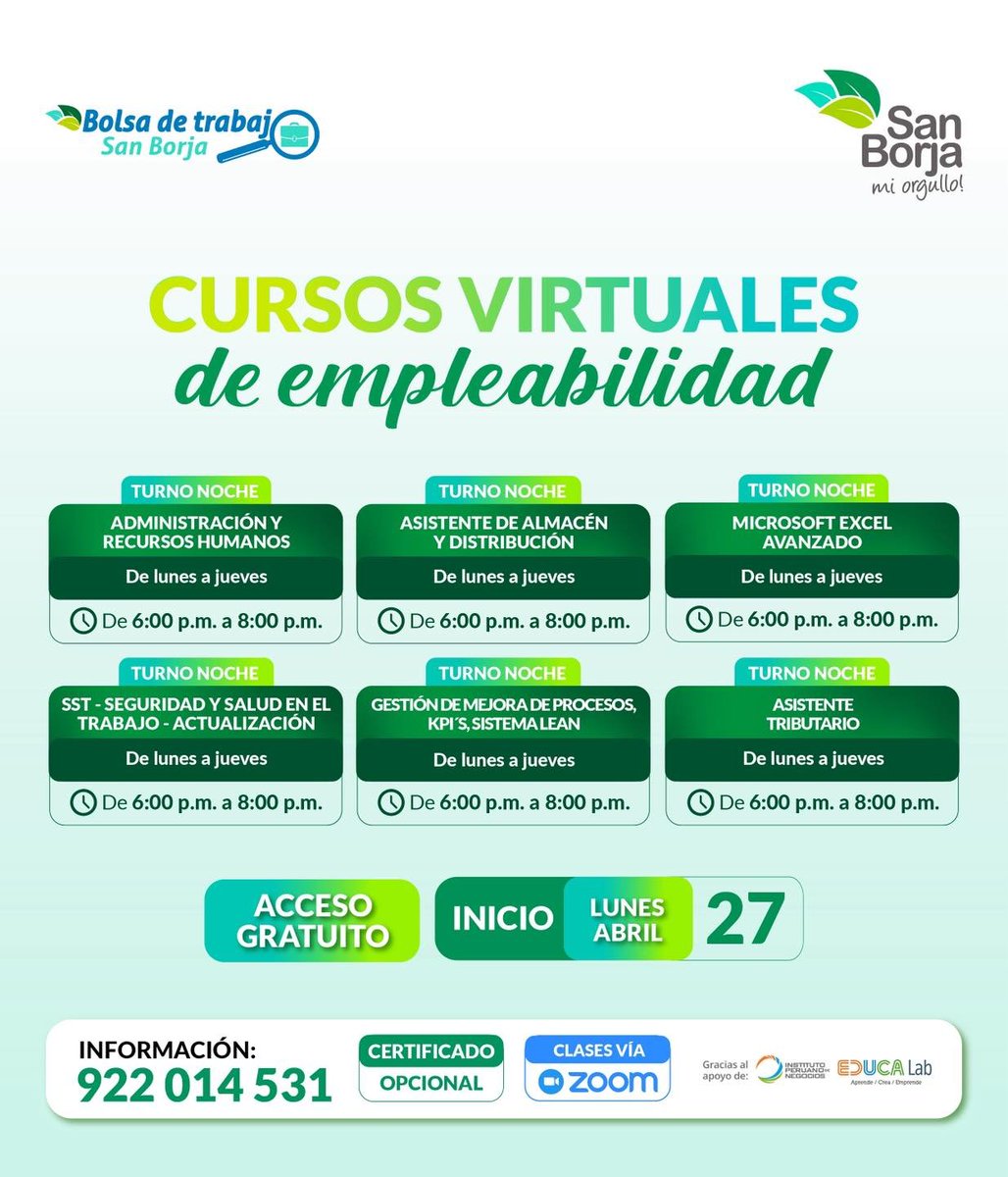 MunideSanBorja's tweet image. 📈 ¡Haz que tu CV destaque!

Capacítate #GRATIS en áreas clave que las empresas buscan:

✔ Recursos Humanos
✔ Excel Avanzado
✔ Gestión de procesos y KPIs
✔ Asistente tributario
✔ Seguridad y Salud en el trabajo
✔ Asistente de almacén y distribución